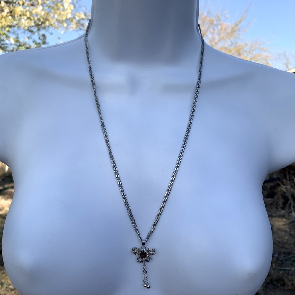 Genuine Garnet Stone in Butterfly Pendant on Stainless Steel Chain